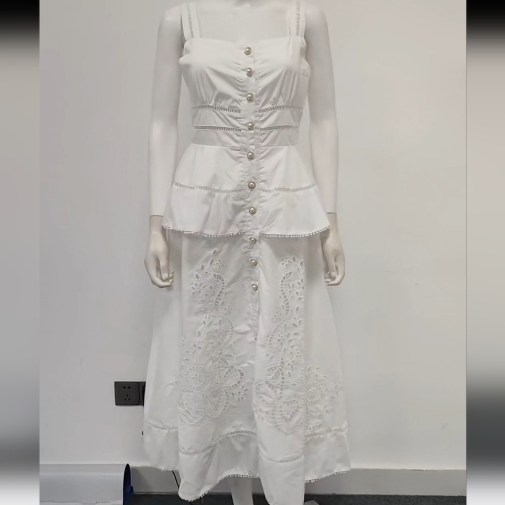 White Eyelet Embroidered Button Front Midi Dress Cottagecore Boho - NWT Size L - Picture 3 of 6